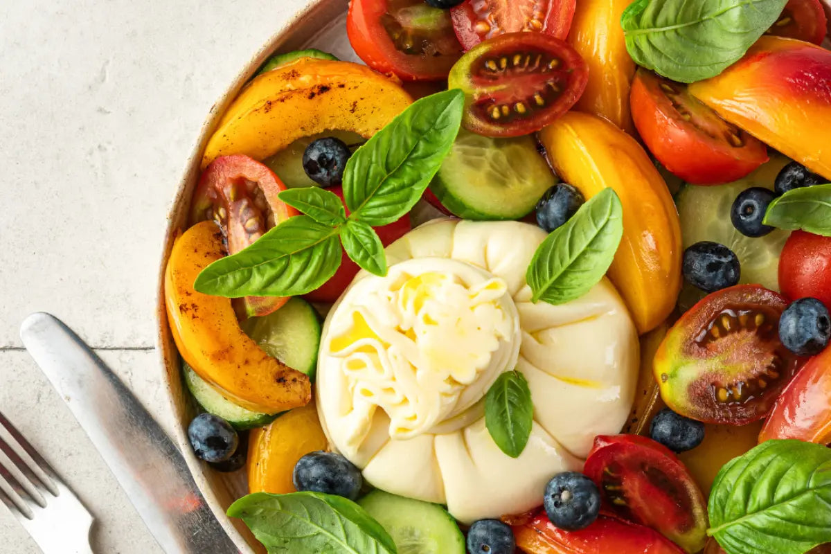Peach, Burrata and Tomato Salad Molly Morgan Wines