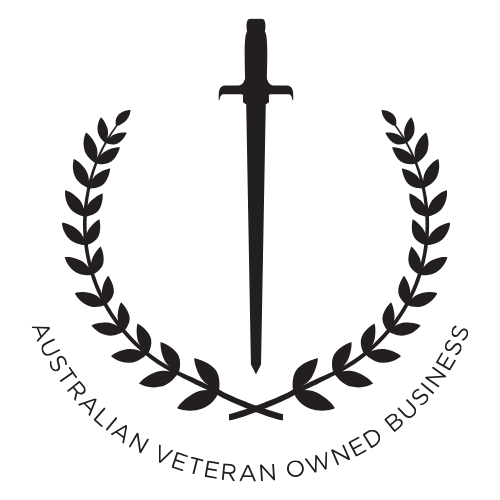 A black graphic emblem featuring a vertical sword centered within a laurel wreath, with the text 'AUSTRALIAN VETERAN OWNED BUSINESS' curved along the bottom on a white background.