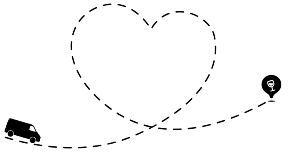 Dashed line forming a heart shape with a van icon and a location pin on a white background